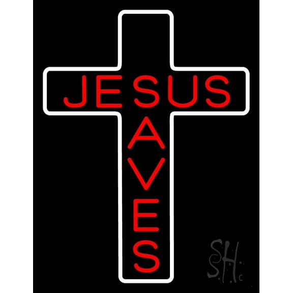 Jesus Saves White Cross LED Neon Sign 31" Tall x 24" Wide - inches Black Square Cut Acrylic Backing, with Dimmer - Premium built indoor Sign for Home décor, Event, Religious place, Store interior.
