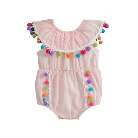 

Canrulo Summer Baby Girls Sweet Romper Clothing Rainbow Balls Tassel Off Shoulder Elastic Waist Jumpsuits Pink 6-12 Months