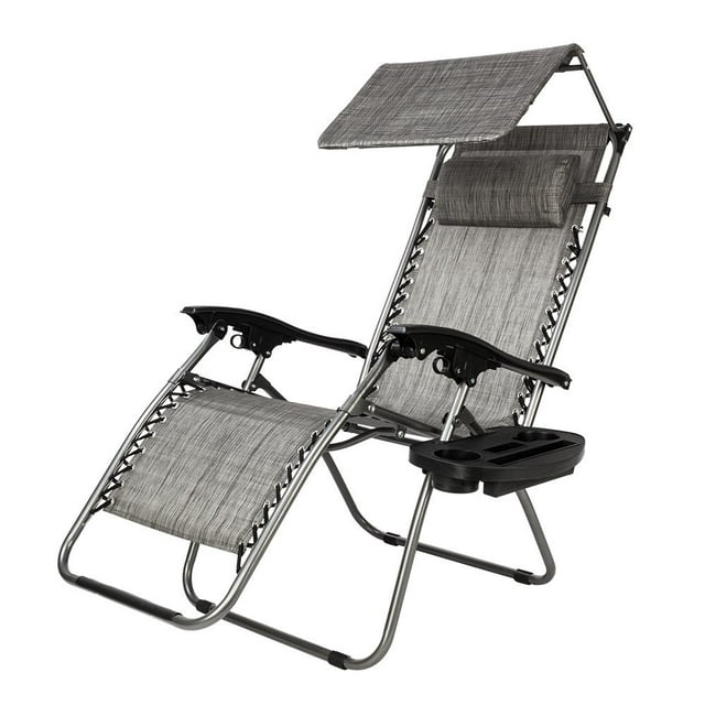 Zero Gravity Canopy Folding Chair, Poolside Backyard Beach Outdoor Chair W/ Shade Canopy Cup Holder, Lounge Recliner, Reclining Sun Lounger