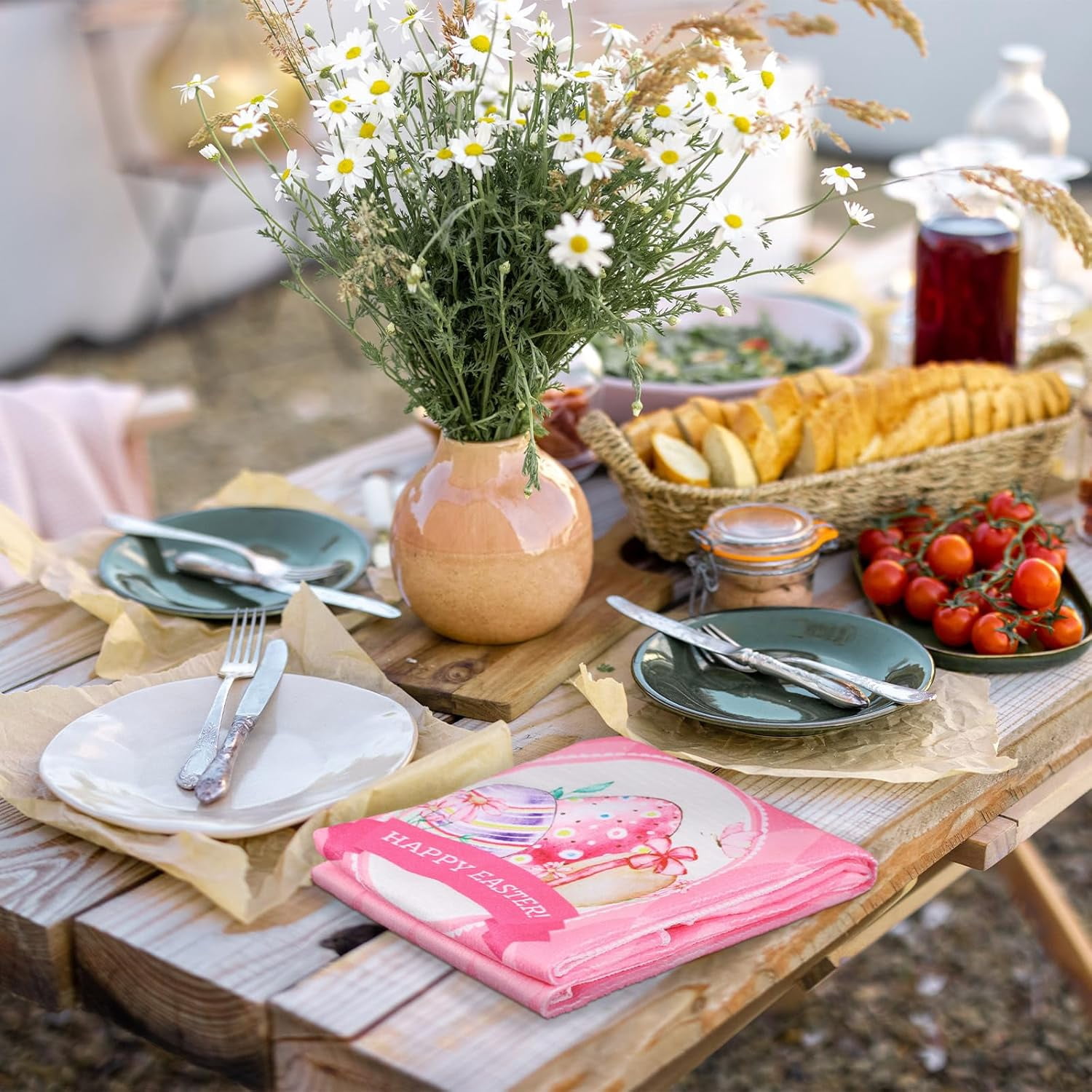 6 Pcs Easter Kitchen Towels Pink Bunny Dish Cotton Buffalo Plaid Happy Easter Hand Rabbits Spring Flowers Eggs Tea Towels for Bathroom Home Housewarming Gift