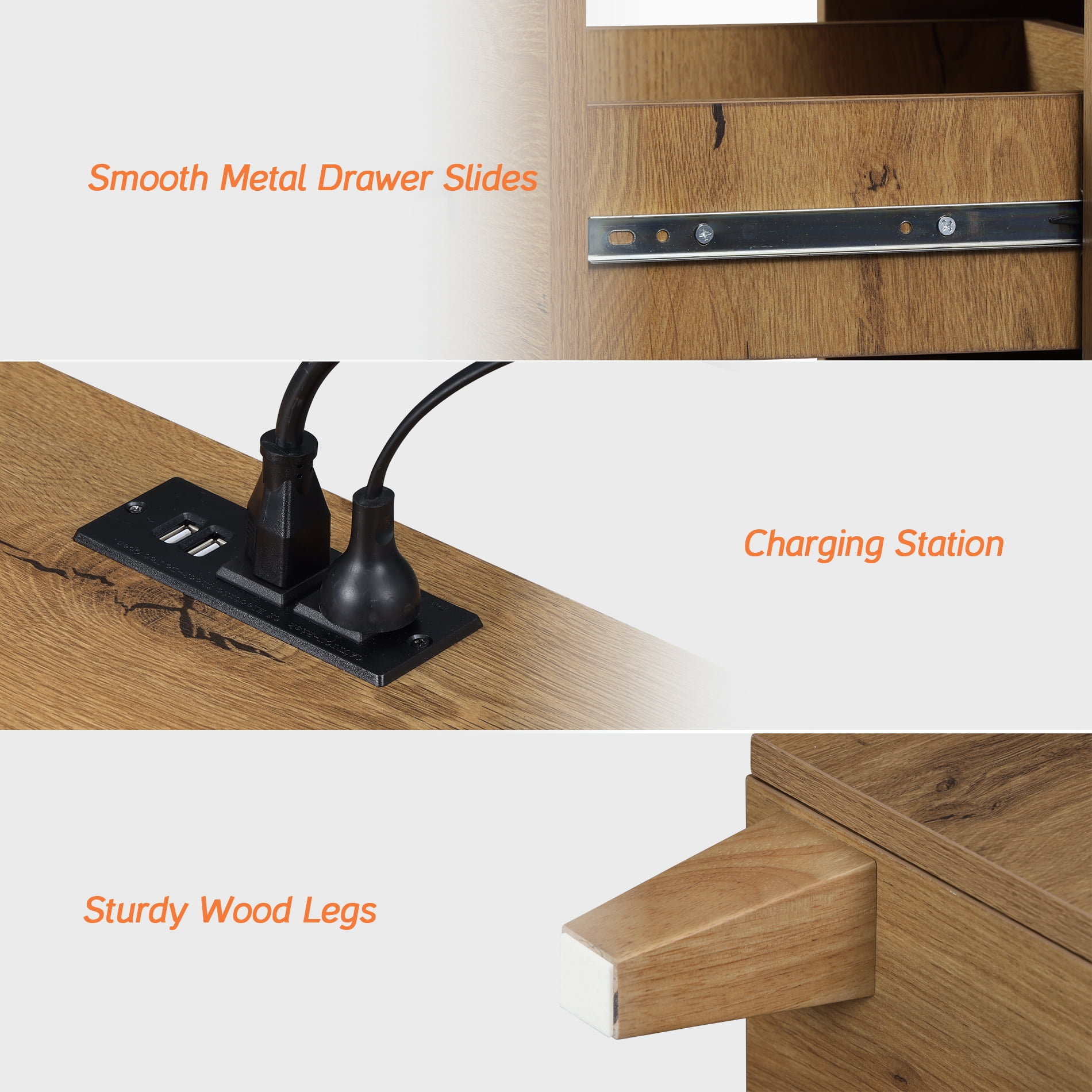WAMPAT Modern Queen Size Canopy Bed Frame and Nightstand Set, No Box Spring Needed 4 Poster Bed with Headboard, Wooden Bedside Table with Charging Station for Bedroom, Dark Brown Wood