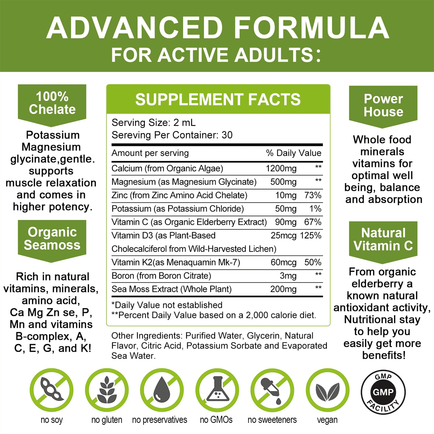Calcium Magnesium Zinc Liquid with Vitamin D3, Magnesium Glycinate Drops Plus Vitamin C K2, High Absorption Plant Calcium Supplement for Heart & Bone, 60 Servings, Lemon Flavor