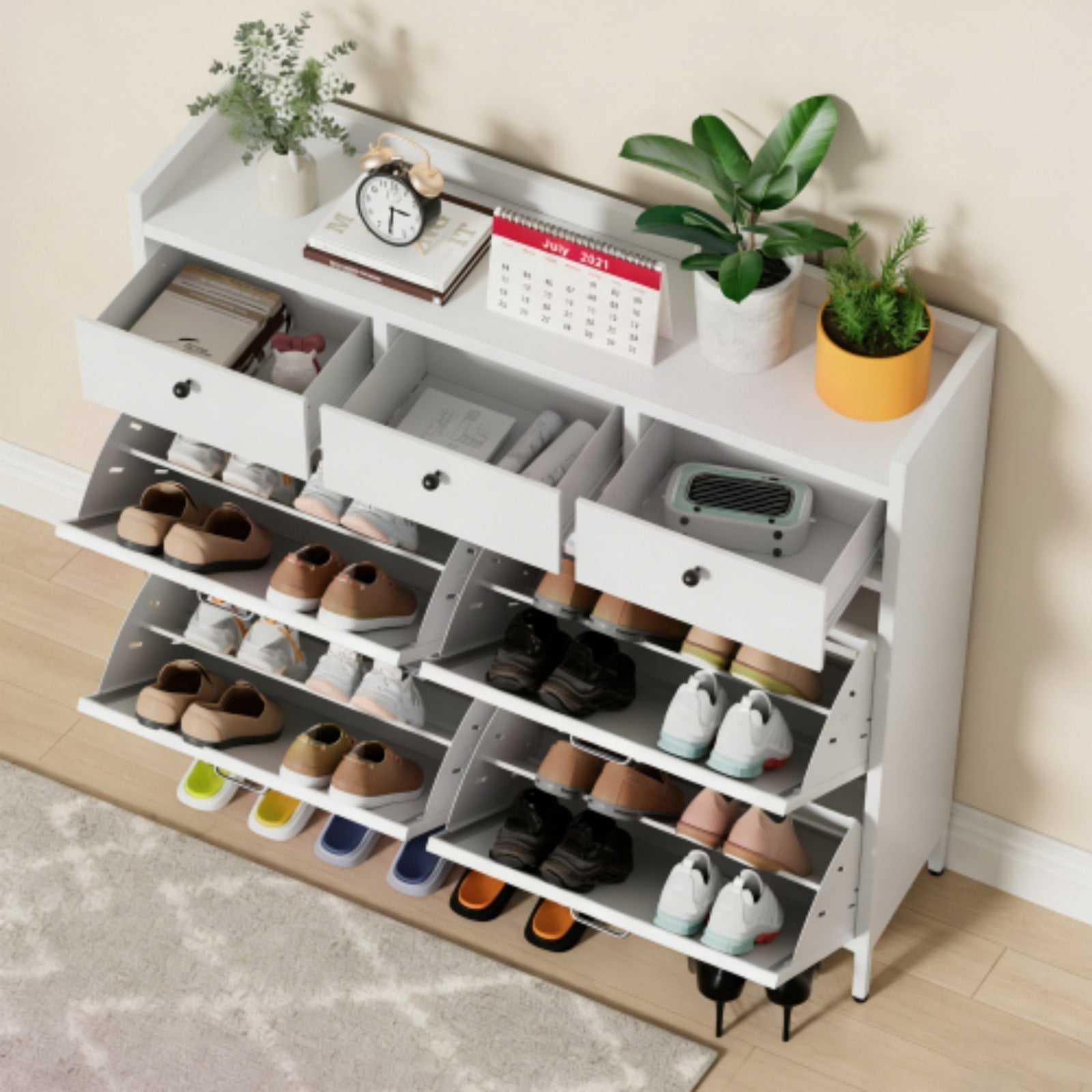 Metal Shoe Cabinet with 4 Flip Drawers & 3 Storage Drawers, Slim 11.8" Deep Freestanding Steel Entryway Shoe Organizer with Anti-Tip Device, White Modern Shoe Rack for Hallway & Apartment