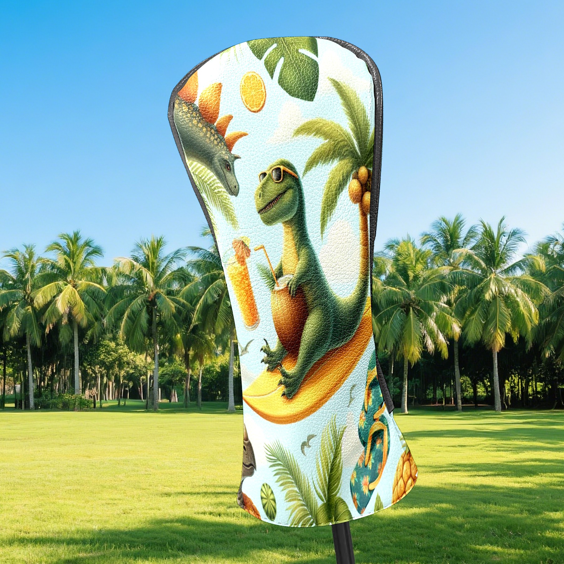 Golf Club Covers, Green Dino Tropical Premium PU Leather Driver Hybrid Putter Head Covers with Velvet Lining, Waterproof Golf Gifts for Men Women