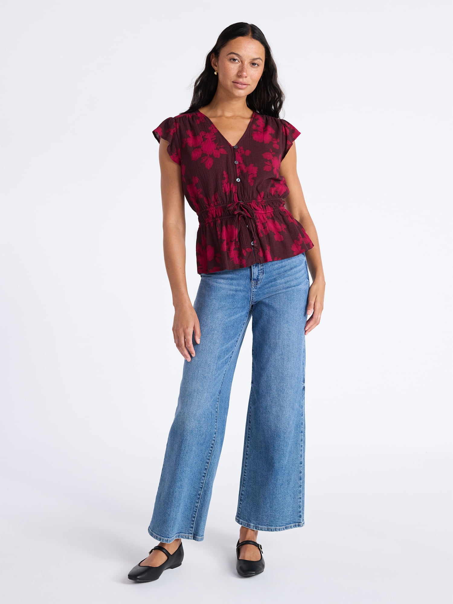 Time and Tru Women's Peplum Top with Flutter Sleeves, Sizes XS-XXXL