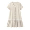 thumbnail image 4 of Ygbgbb Women's Linen-Blend Mini Dress, V-Neck Short Sleeve with Button Front & Lace Trim, Casual Summer Tunic Dress Beige XXL, 4 of 8