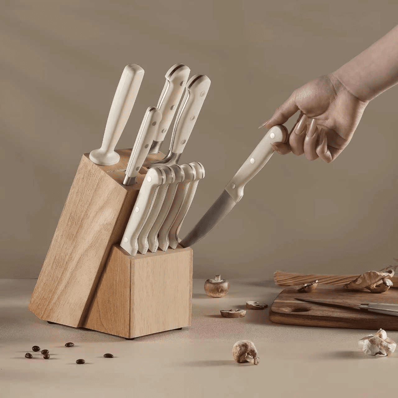 Jozram 14 Pcs Knife Set with Wooden Block Stainless Steel Knives with Ergonomic Handle, Forged