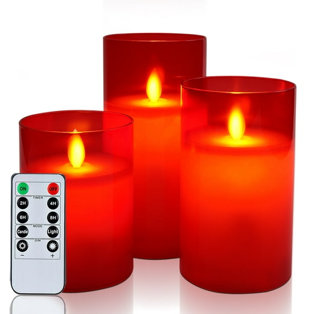Homemory Red Realistic Glass LED Pillar Candles with Remote Control and