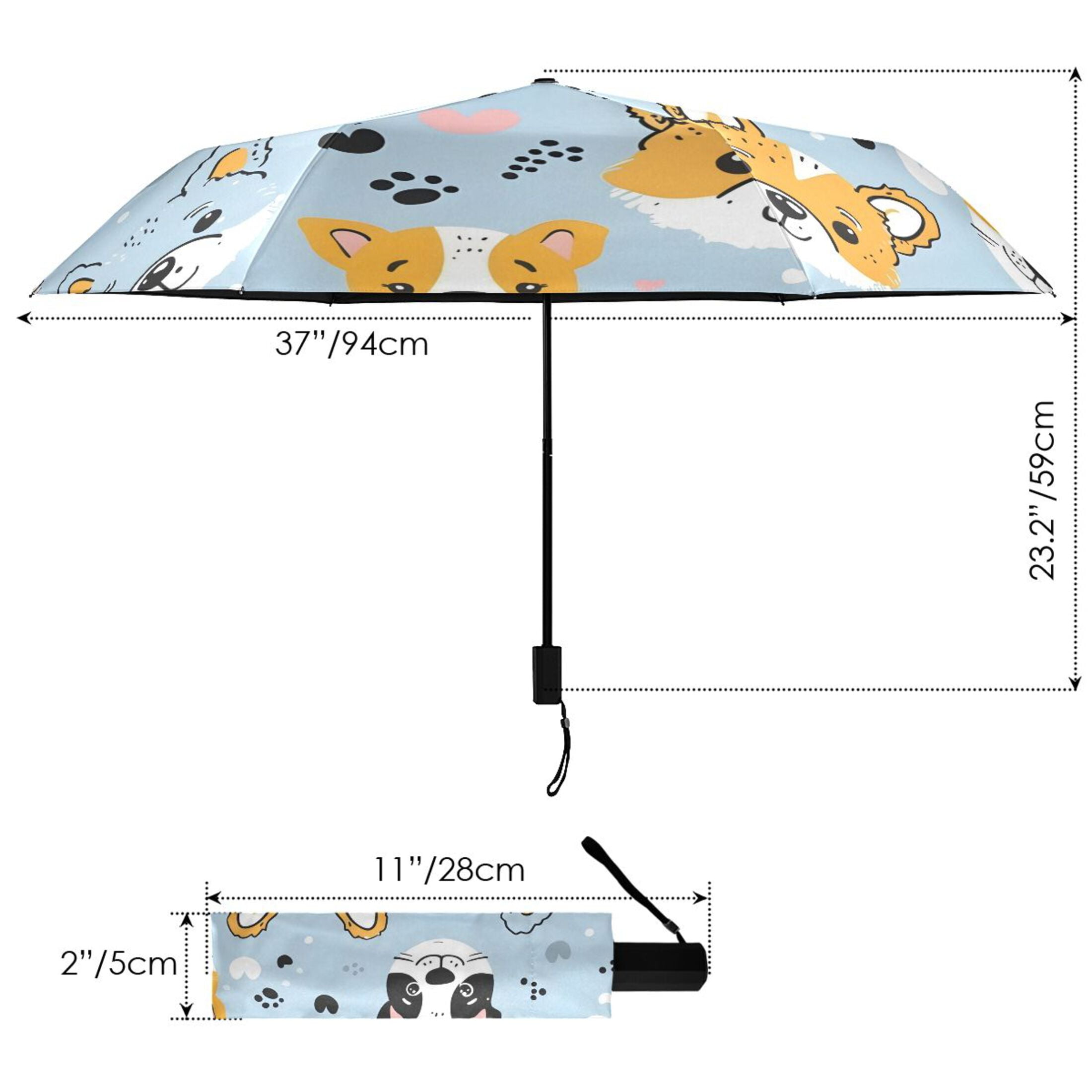 Cute Doodle Dogs Paw Prints Hearts All Weather Umbrella Triple Folding Parasol 6 Ribs UV Protection Portable