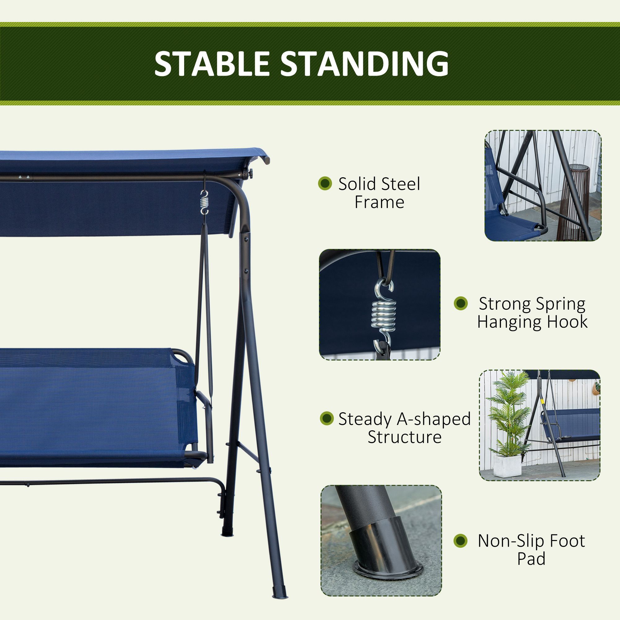 3 Person Outdoor Patio Swing Chair with Adjustable Tilt Canopy, Heavy Duty Steel A-Frame Porch Swing 440lbs Capacity Weather Resistant Bench for Backyard Poolside Balcony Dark Blue