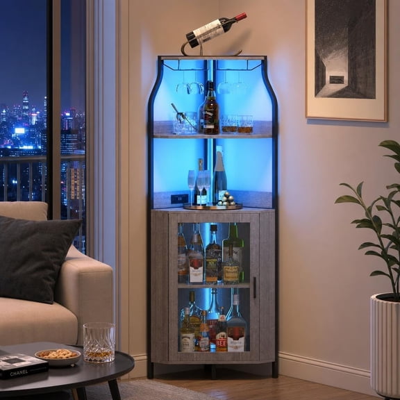 Corner Bar Cabinet with LED Lights Wine Rack Glass Holder and Adjustable Shelves Grey