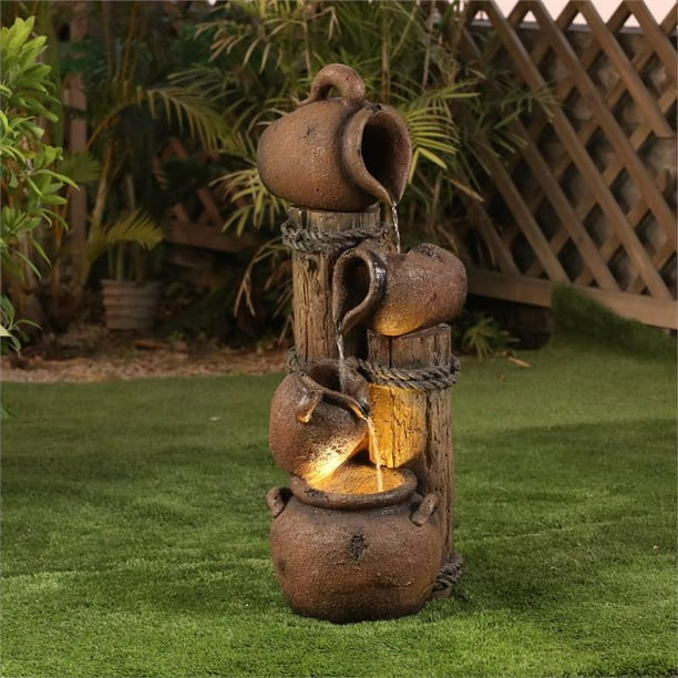 Luxen Home Polyresin Rustic Pots and Posts Patio Foutain with LED