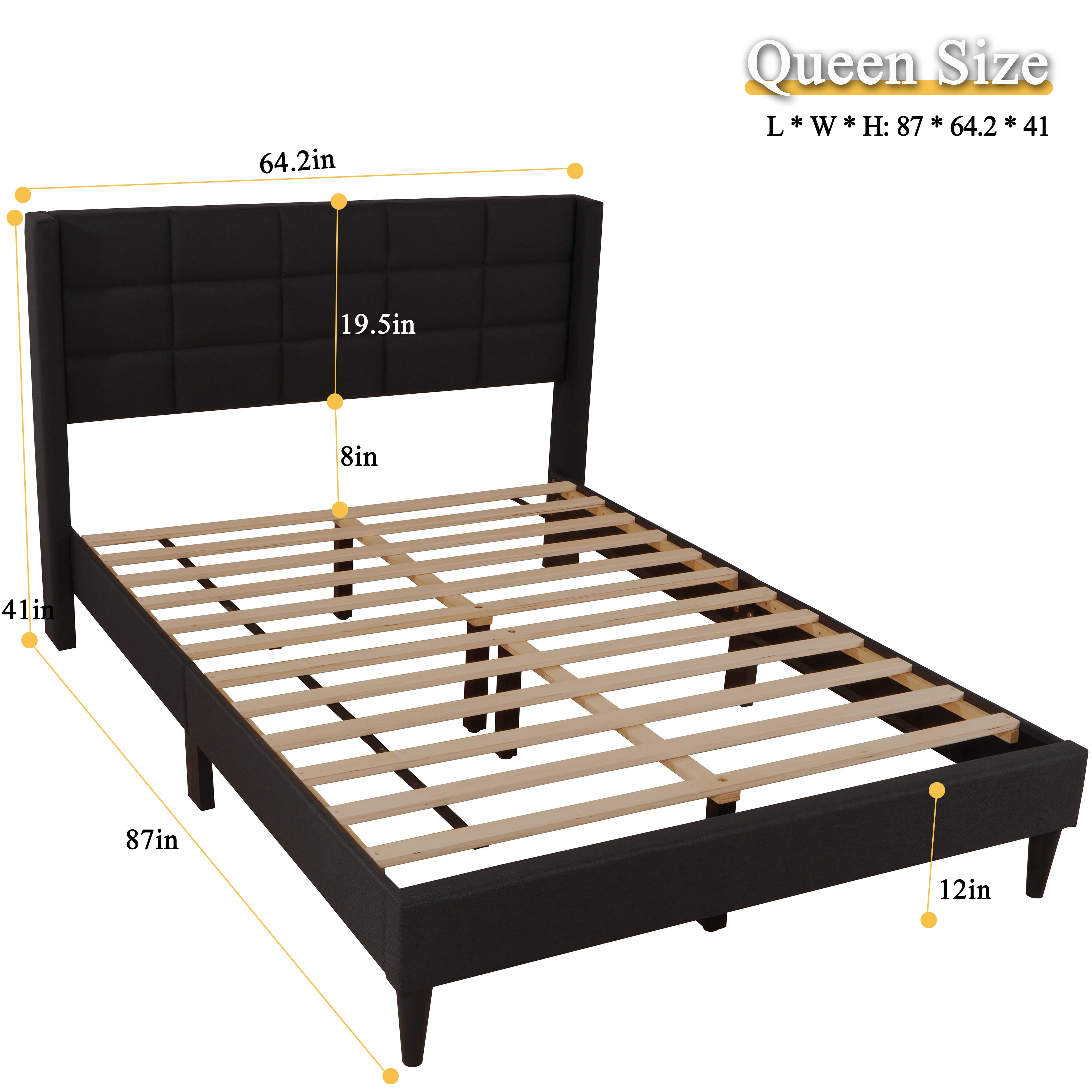Alexent Queen Size Upholstered Bed Frame | Linen Headboard, Metal & Solid Wood Construction, Sturdy & Comfortable Bed for Bedroom Dark | Gray