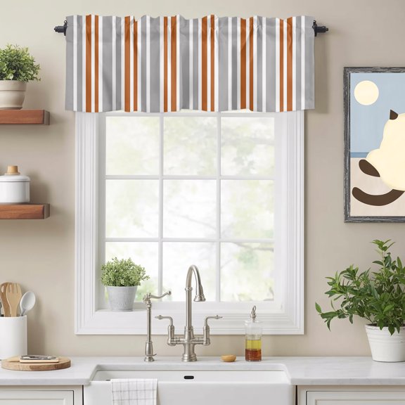 Curtain Valances for Kitchen Windows,Orange Grey Vertical Stripe Rod Pocket Valances Short Curtains Modern Contrasting Linen Window Treatment for Living Room Bathroom Bedroom Decor,42x12in