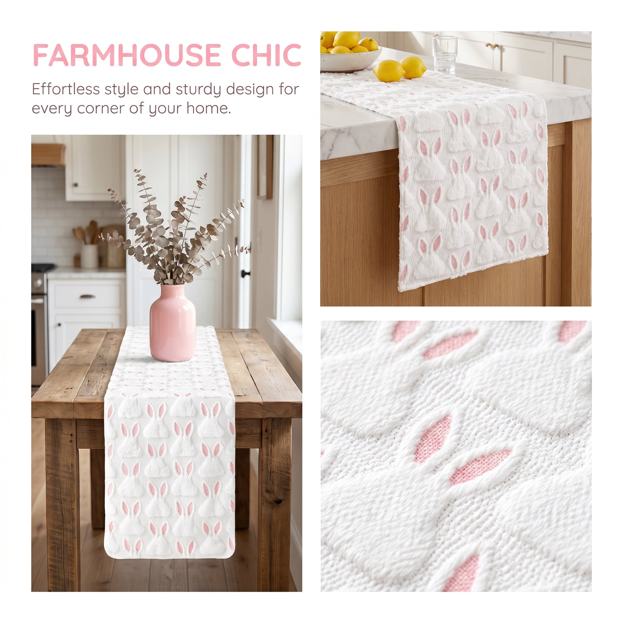 Unique Bargains Rabbit Kitchen Runner Table Runner for Decorations Pink 13"x108.3"