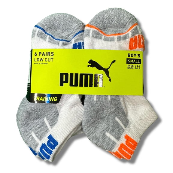 PUMA SOCKS BOYS X6 - LOW CUT 253 - CUBE BLUE ORANGE - SMALL SZ SHOE 4-8.5 6 PACK