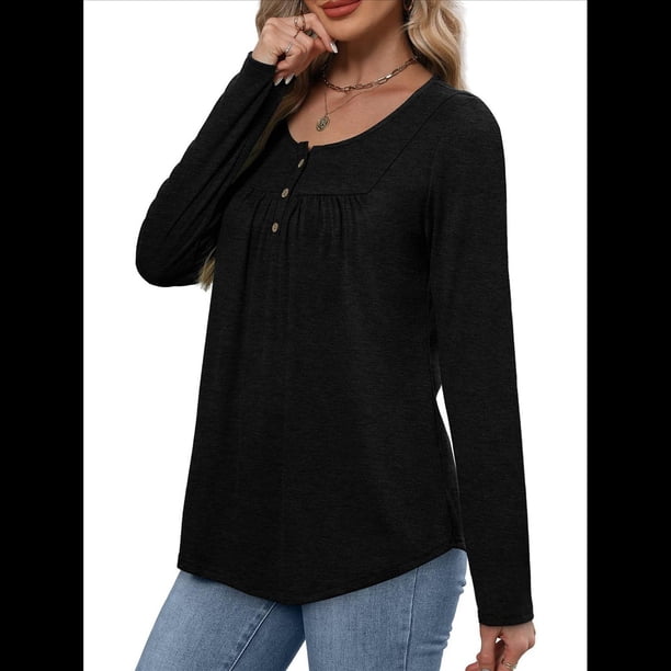 Camisas de Larga para Mujer, Conjuntos de Otoño, Cuello Redondo, Túnicas Casuales, Blusas de Moda, Ropa de Moda. Negro XL