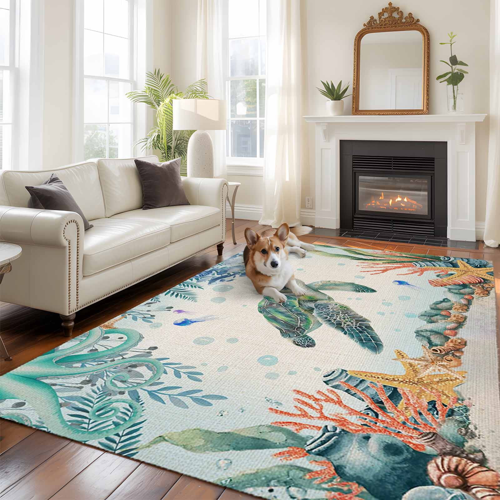 5'x7' Area Rugs for Living Room Bedroom, Sea Turtle Coastal Washable Rug Carpet Runner Indoor Outdoor, Summer Nautical Starfish Coral Beige Non Slip Floor Mats Area Rug for Kitchen, Nursery