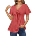 thumbnail image 2 of hopeusnice Women's Flare Hem Flowy Shirts Trendy Casual Loose Cut out Cold Shoulder Short Sleeve Plus Size Blouse Fashion Solid Color Tunic Summer Tops Zipper V Neck T-Shirts for Woman, 2 of 6