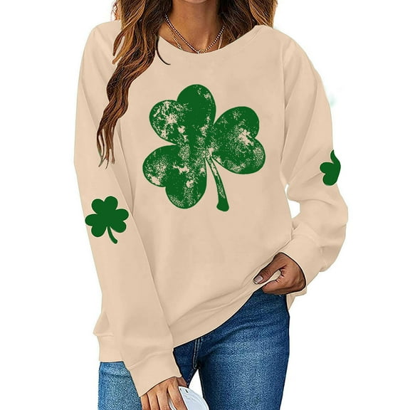 BLTIBY St Patricks Day Sweatshirt for Women Autumn Spring Lucky Printed Round Neck Long Sleeve Causal Fashion Pullover Tops Beige XS