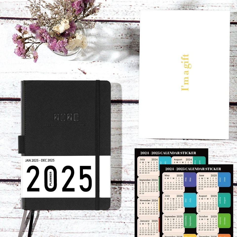 2025 Black Planner 5X8 Weekly Monthly Pages Calendar Stickers Inner Pocket