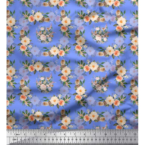 Soimoi Blue Cotton Duck Fabric Begonia & Peony Floral Printed Fabric 1 Yard 44 Inch Wide