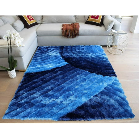 Large Rug 8x10 Electro Blue Navy Blue Dark Blue Deep Blue Midnight Blue Neutral Modern Contemporary Fluffy Fuzzy Furry Flokati Soft Thick Plush Medium Pile 8x10 Large Living Room Striped Patterned Accent ()