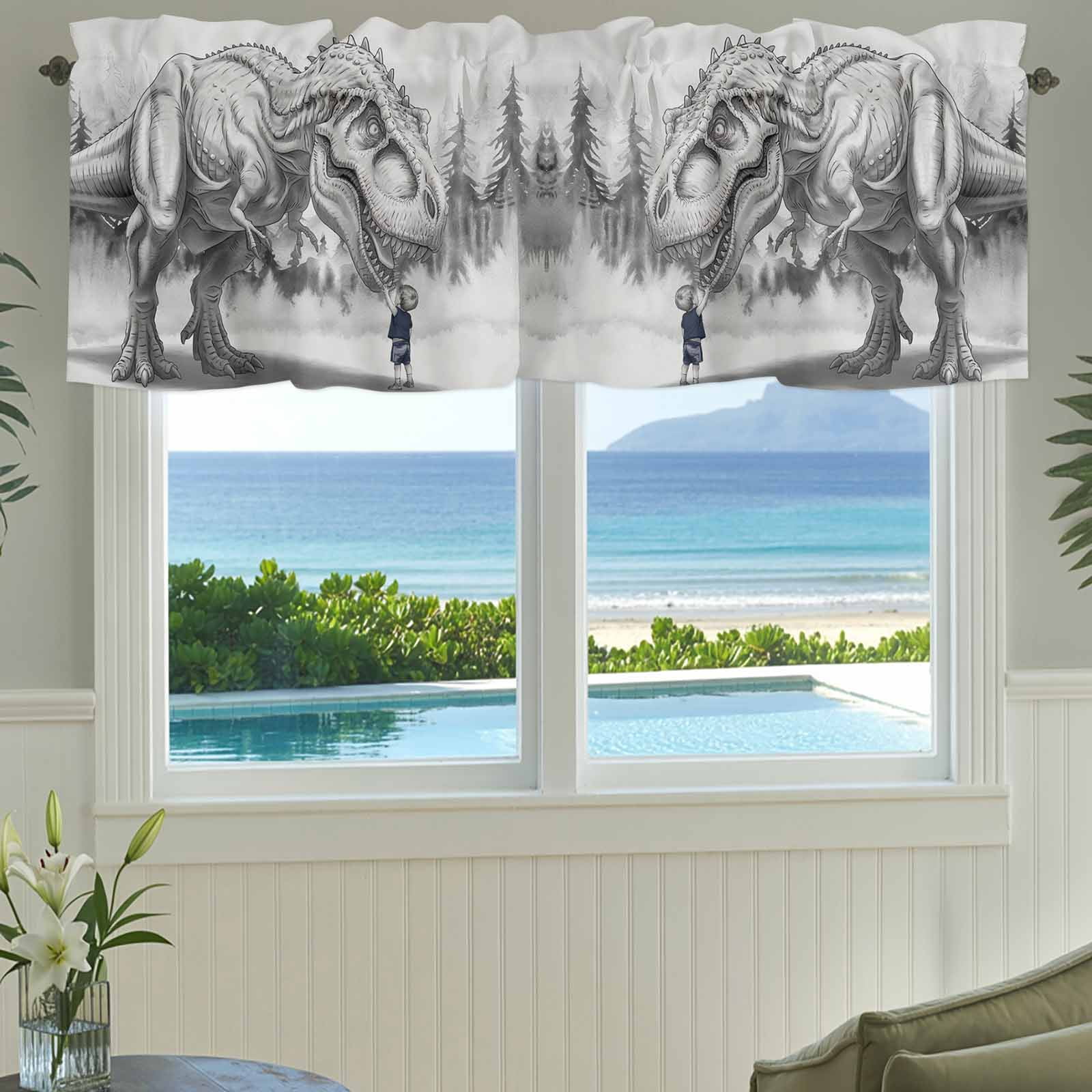 Dinosaurs Boy Kitchen Valances for Windows, Gray Funny Cartoon Forest Animals Bathroom Window Valances 60x18 Inch Rod Pocket Window Treatments Valance Curtains for Living Room Bedroom Decor