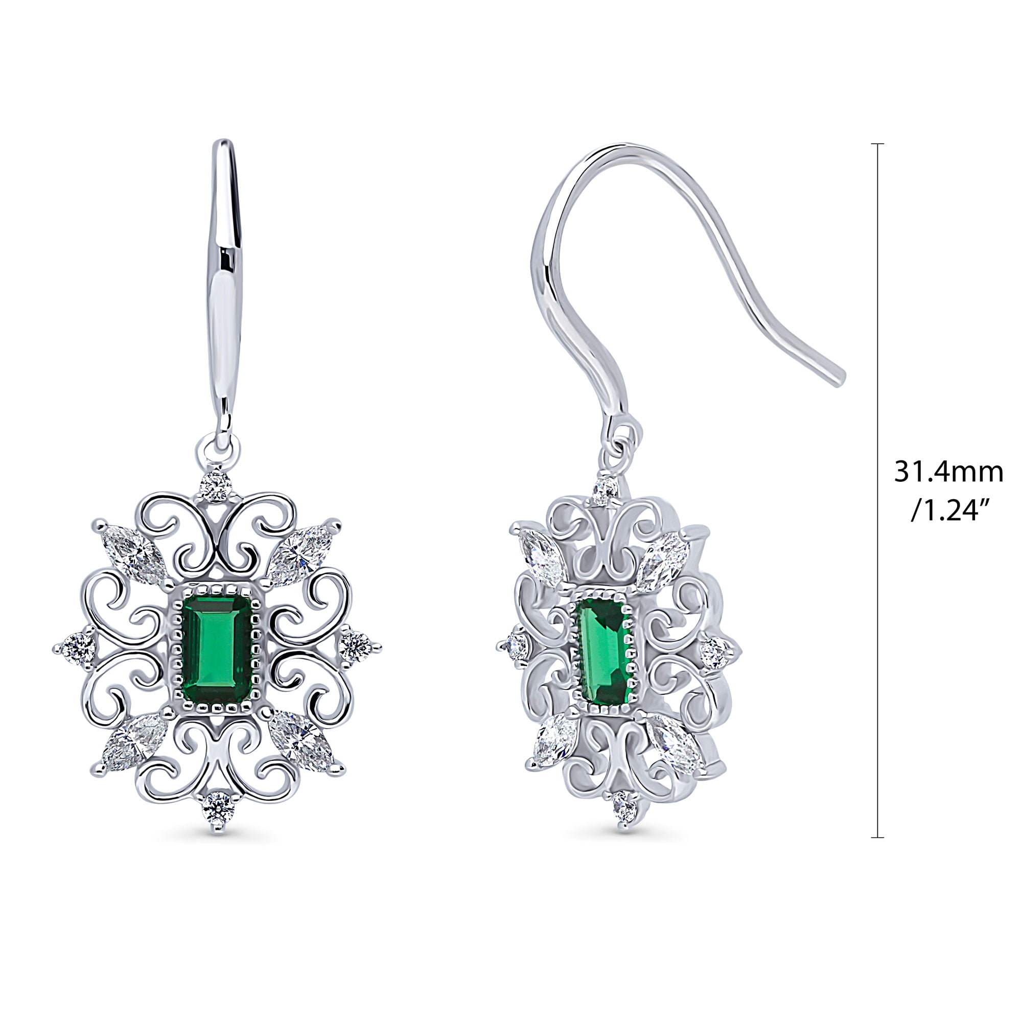 BERRICLE Sterling Silver Vintage Inspired Art Deco Green Cubic Zirconia CZ Filigree Fish Hook Dangle Drop Earrings for Women, Rhodium Plated