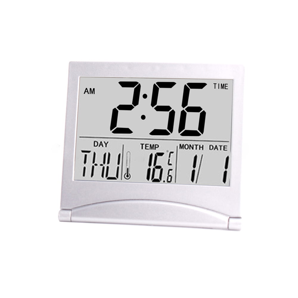 LCD Digital Folding Desk Travel Alarm Clock With Thermometer Date Calendar Time 