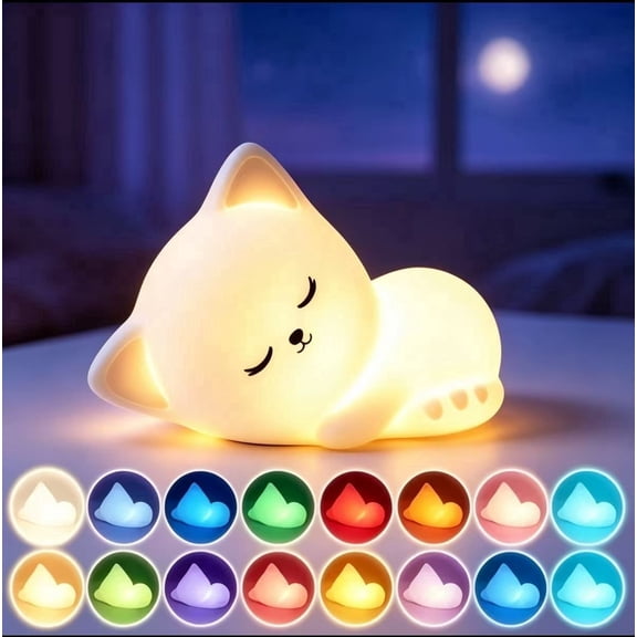 Cat Night Light - 16 Colors Dimmable Silicone Rechargeable Lamp for Bedroom and Desk Decor