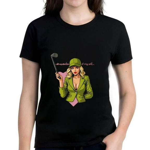 Cotton Short Sleeve T-Shirt with Fun Golf-Themed Graphic: " She Golfs a Man Well " in Bold Pink Text Perfect for Golf Lovers