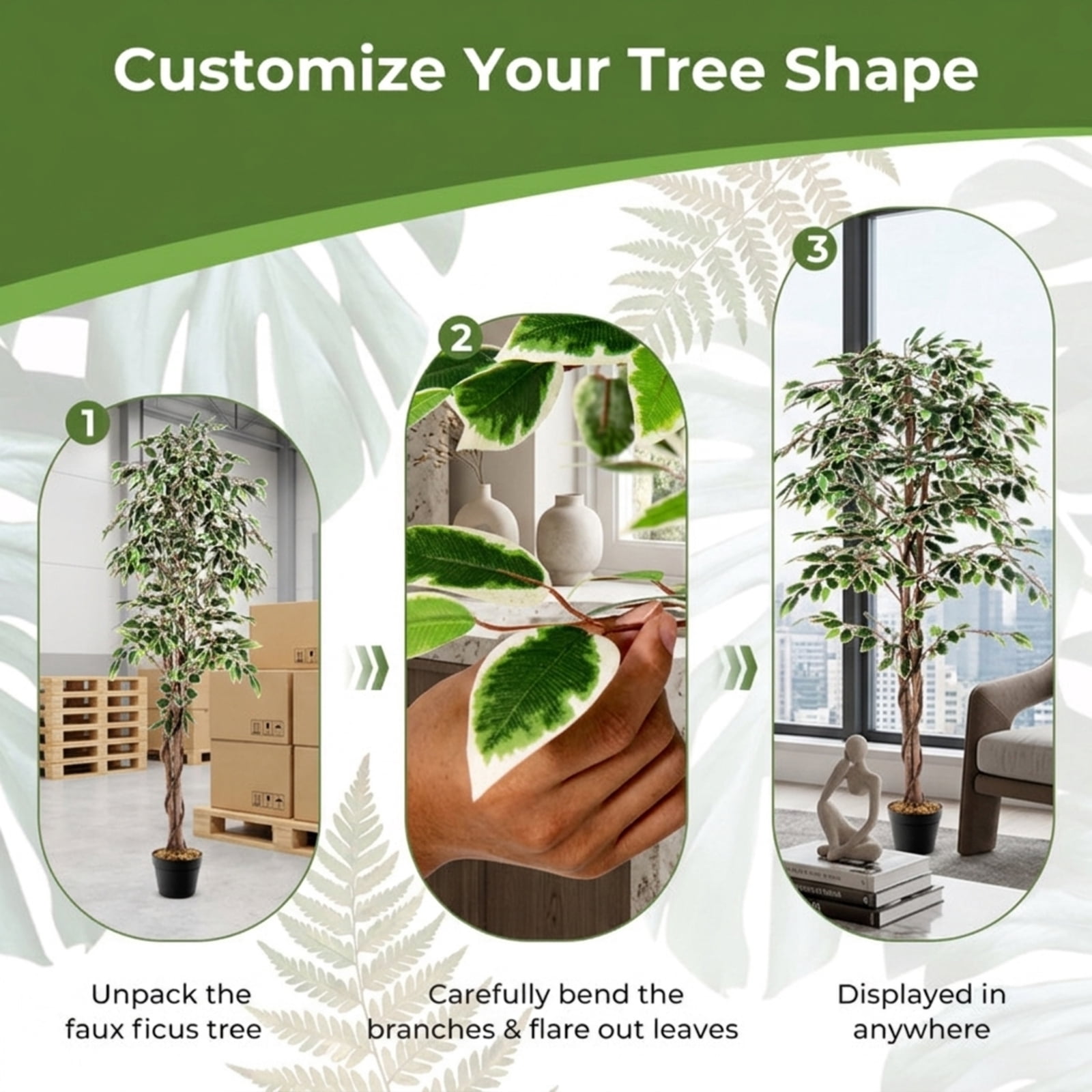 Vebreda Artificial Plant Decor, Artificial Ficus Tree Tall Faux Indoor Plant with 1008 Leaves Nursery Pot and Dried Moss, Multi-scene Application