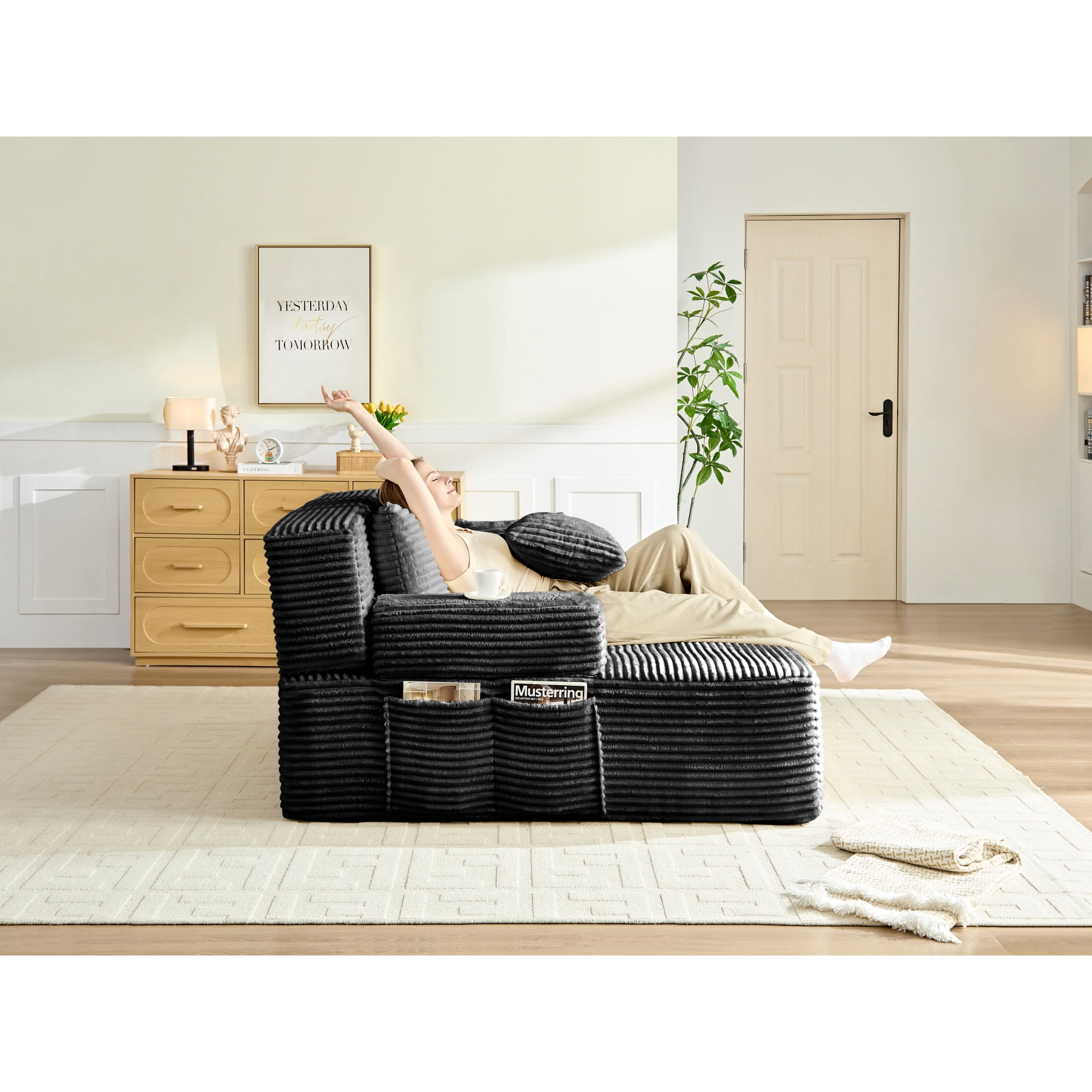 Leumius 70.8" Chaise Lounge Chair Indoor,Oversized Boneless Lounge Chair with Adjustable Backrest & Storage Pocket,Cloud Reading Chair for Living Room Bedroom, No Assembly Required,Black