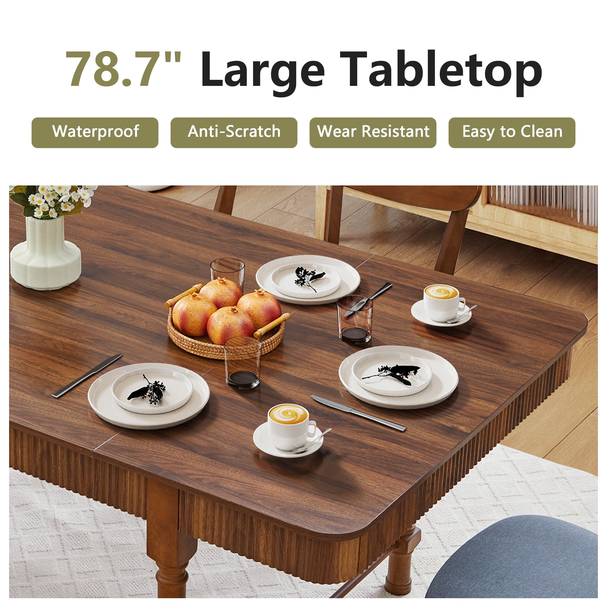 Weselon 78.74" Square Dining Table with 4 Drawers, Wood Fluted Dining Table with Storage Drawers, Seats up to 6,Large Kitchen Table for Casual Meals and Special,Dining Room, Brown