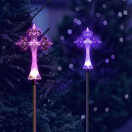 Solar Powered Cross Garden Stake Outdoor Color Change Lights (Set of 2)