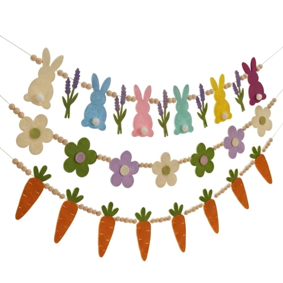 FXMLRLK Easter Bunny Carrot Garland, Wooden Beads Rabbit Easter Banner Decorations, Easter Bunny Carrot Beaded Garland Pendant for Farmhouse Home Decor Hanging(3 Pack,Colorful-1)