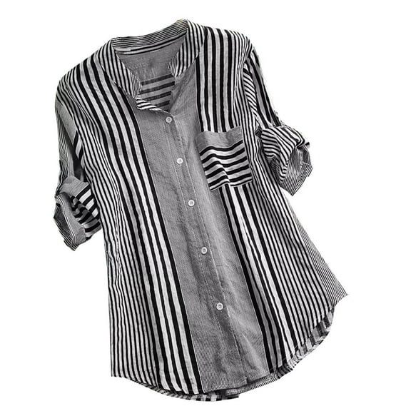 Women Plus Size Three Quarter Striped Print V-Neck Loose Fit Top T-Shirt Blouse