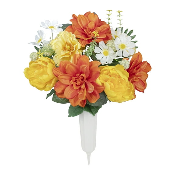 20.5-inch Artificial Silk Yellow & Orange Peony & Dahlia Mixed Cemetery Large Round Vase, for Indoor/Outdoor Use, by Mainstays