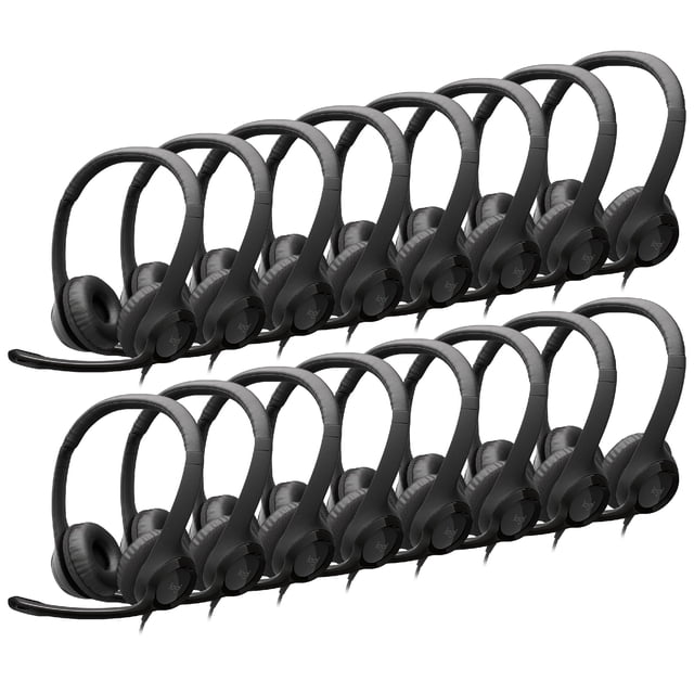 auriculares logitech h390 con cable para pc/portátil con micrófono con cancelación de ruido, varias unidades negras en fila en vista 3/4, diadema ajustable con almohadillas giratorias de cuero sintético, micrófono giratorio, conector USB‑A y controles en línea en el cable (cable de 6.2 ft/1.9 m).