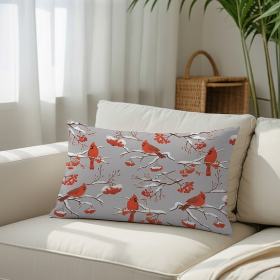 Christmas Cardinal Winter Snowflake Throw Pillow Covers, Decorative Pillow Covers With Hidden Zipper Soft Brushed Microfiber Fabric, Country Berry on Gray Pillowcases for Couch Bed 20x36in
