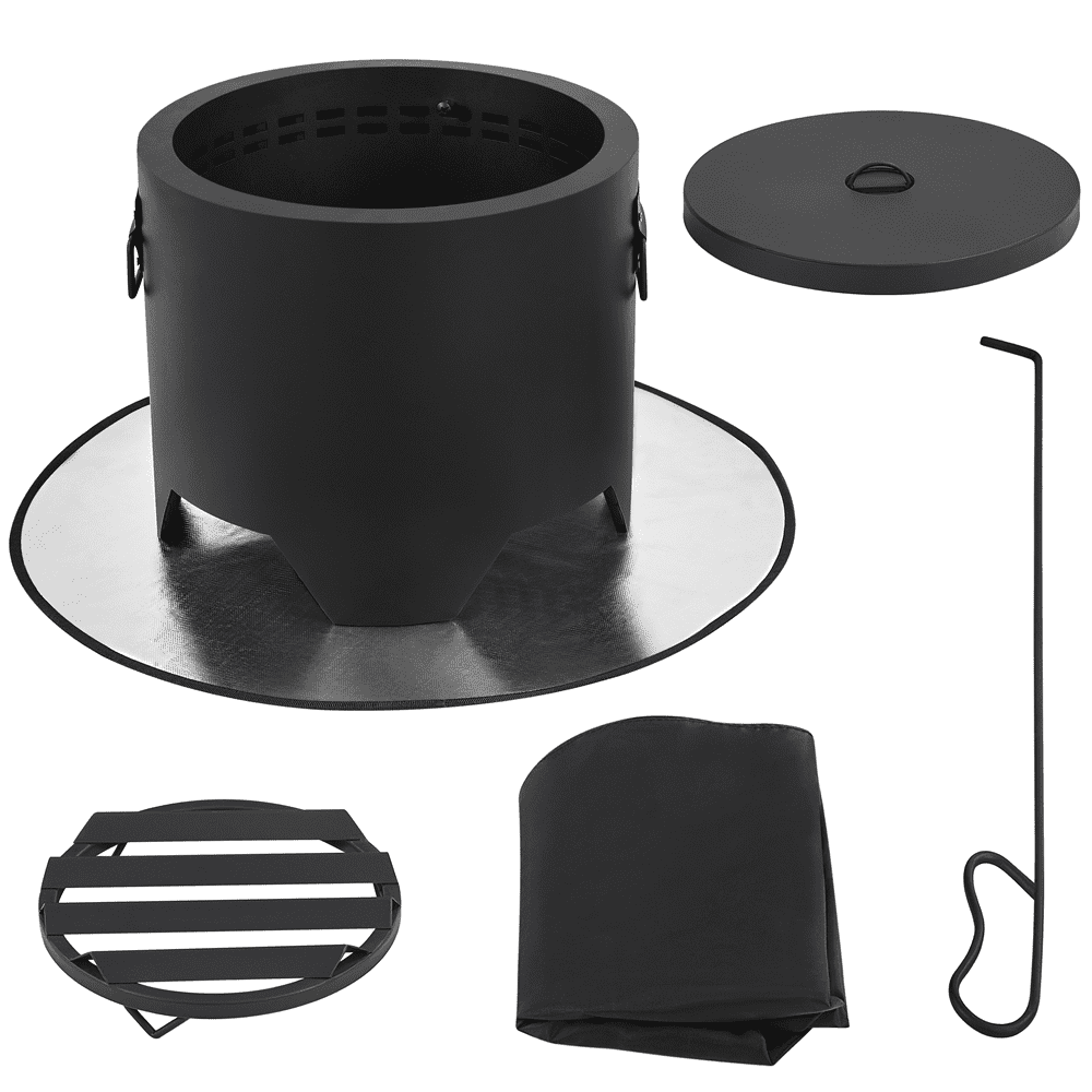 Alden Design 16″ Portable Smokeless Fire Pit with Rain Cover & Lid & Log Grate, Black