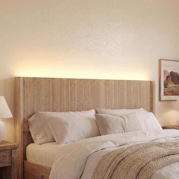 Queen Size Headboard Only, Modern Fluted Wall-Mounted Head Board with Lighting, Boho Wood Bed headboard Stylish Bedroom Decor, Natural
