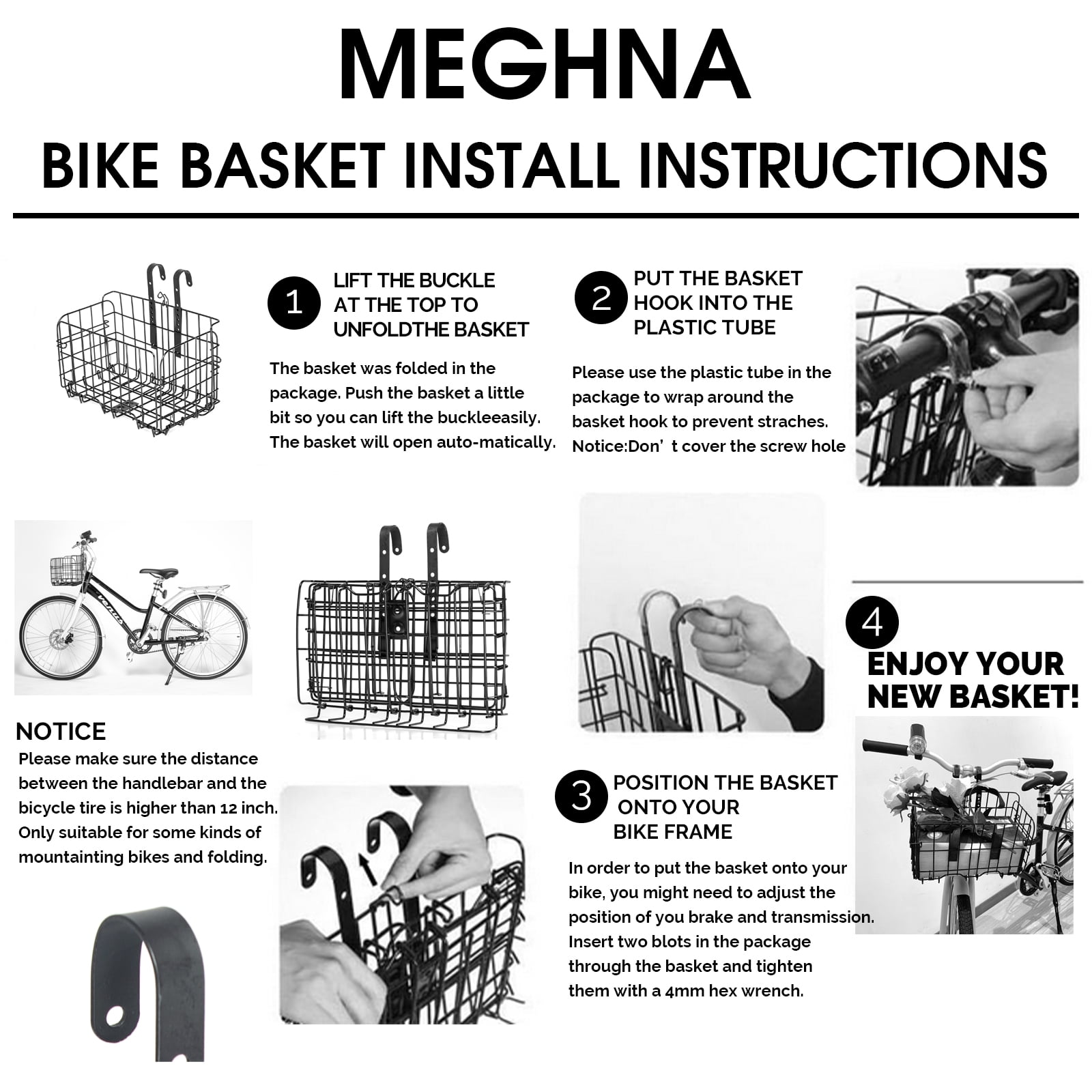 Meghna Front Bike Baskets Upgraded with Bag Black Metal Detachable and Adjustable Height Front Handlebar Bicycle Basket for Unisex Adult Women