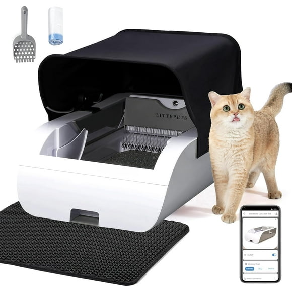 GHSDFBB Self Cleaning Litter Boxes for Cats, Automatic Cat Litter Box, APP Control Large Space Robot Litter Box, Superior Odor Control Smart Cats Toilet with Hood & Litter Mat