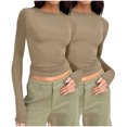 thumbnail image 2 of Moxiu 2 Pack Long Sleeve Shirts for Women Slim Fit Crop Tops Skinny Shirt Y2K Casual Basic Solid Color Going Out Tight Tee Brown,XL, 2 of 4