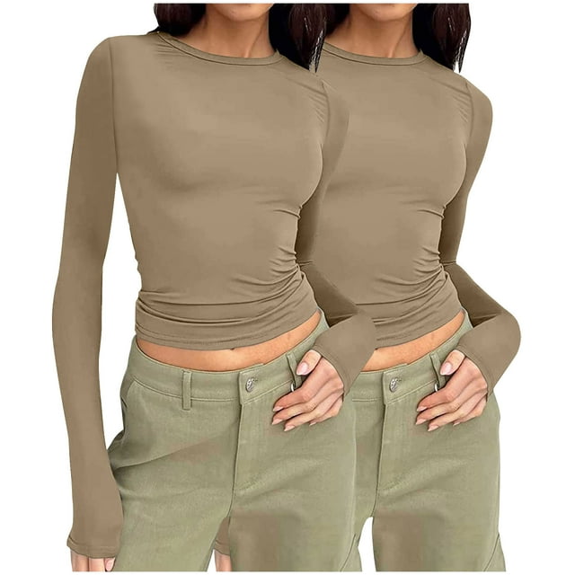 Pisexur 2 Pcs Hauts d'Automne pour Femmes Hauts à Manches Longues pour Femme Mode T-Shirts Courts à Col Rond Décontractés Ajustés Blouses Unies Chandails à Enfiler Hauts Basiques T-Shirts d'Automne