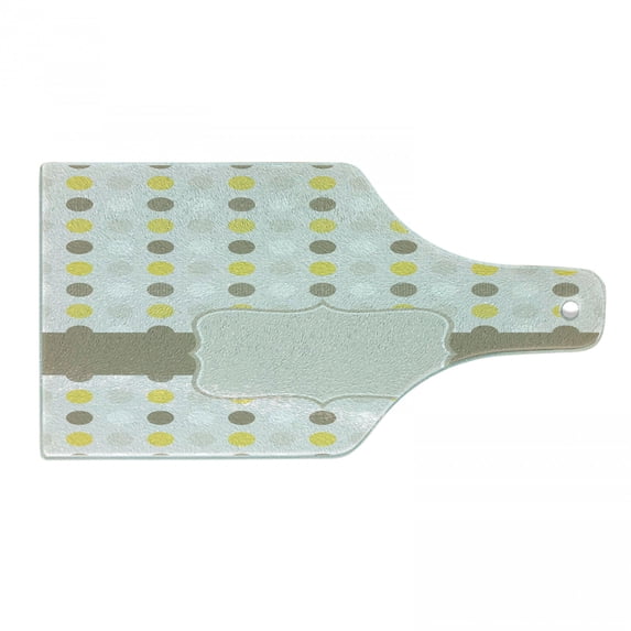 Grey and Yellow Cutting Board, Abstract 60s 50s Inspired Home Design Polka Dots Image, Decorative Tempered Glass Cutting and Serving Board, Wine Bottle Shape, Pale Brown Marigold, by Ambesonne