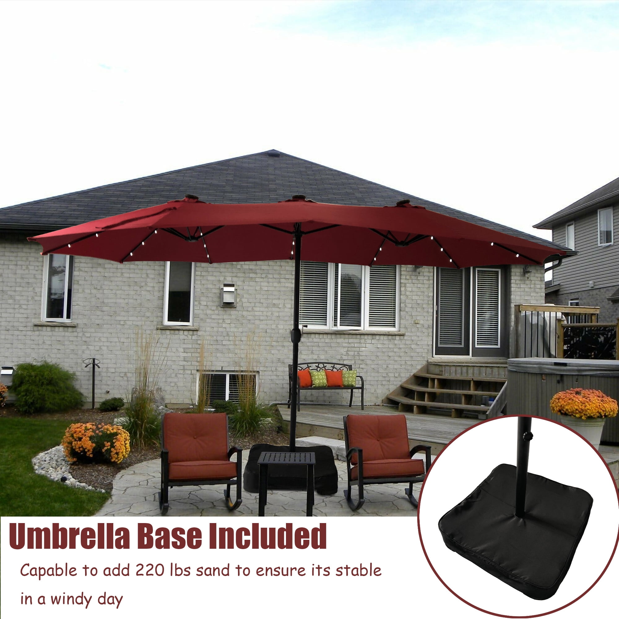 15ft Large Patio Umbrella with Solar Lights, DoubleSided Outdoor