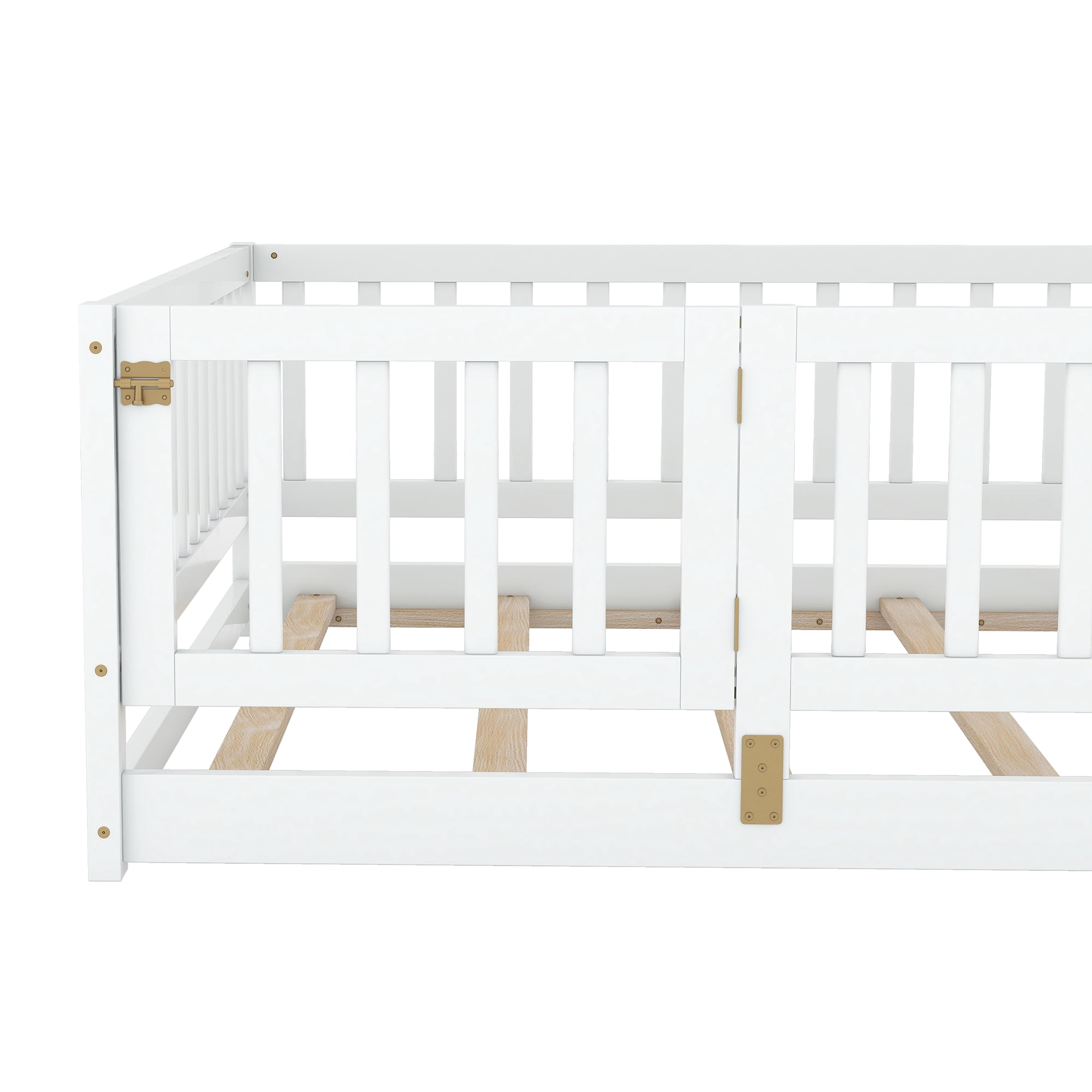 Full Size Montessori Floor Bed with Fence and Door, Solid Wood Kids Bed and Toddler Playhouse Bed with Slats, White